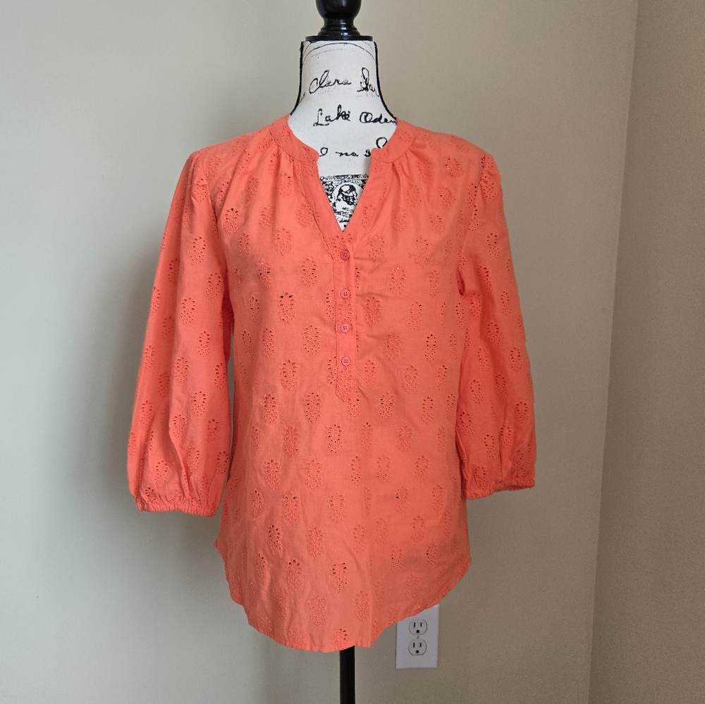 Mira Coral Eyelet Pineapple Top Womens S 3/4 Sleeve Popover
